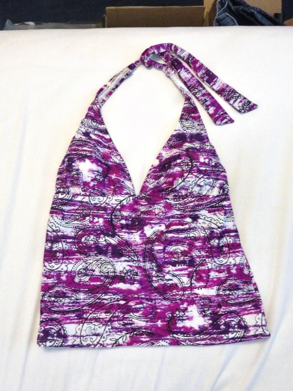 Catalina Halter Tankini Swimsuit Top Women's Size L 12-14 purple black paisley